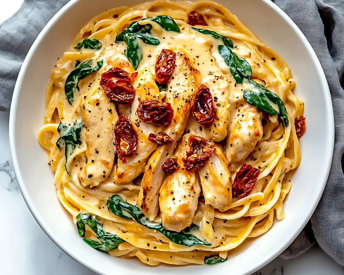 Creamy chicken pasta with spinach and sun-dried tomatoes in a white bowl