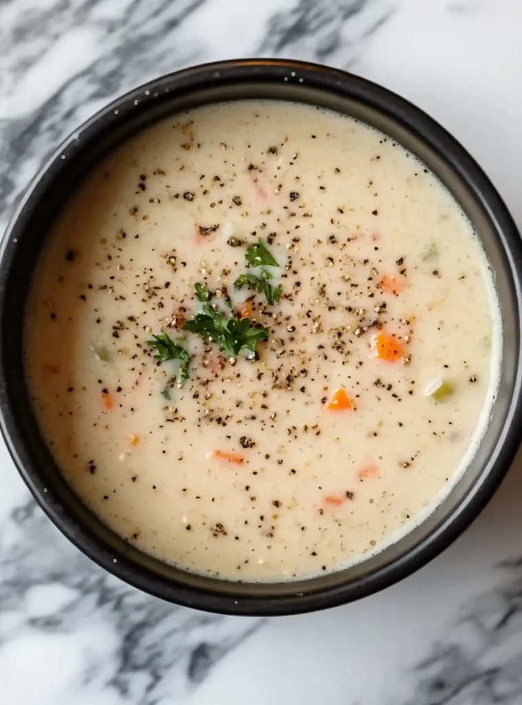 Creamy chicken pot pie soup in a dark bowl sprinkled with herbs