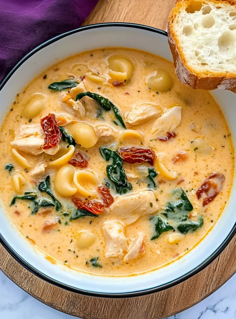 Creamy chicken soup in a white bowl with a slice of toasted bread