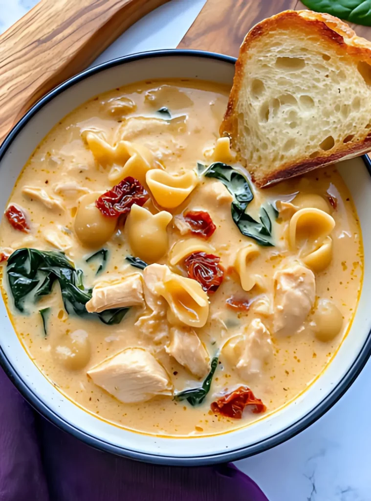 Creamy chicken soup served with toasted bread in a blue rimmed bowl