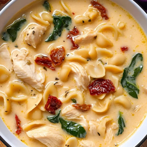 Creamy chicken soup with pasta and spinach in a white bowl