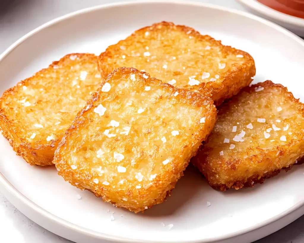 Crispy hash browns on white plate with coarse sea salt sprinkles