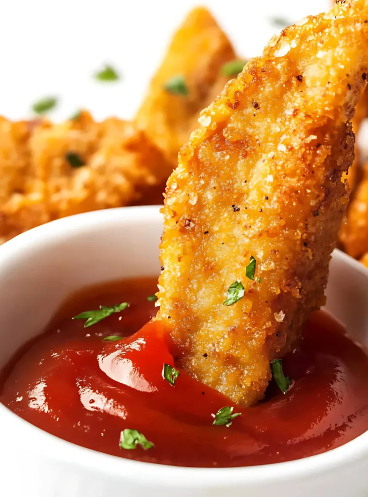 Crispy potato wedge dipped in ketchup