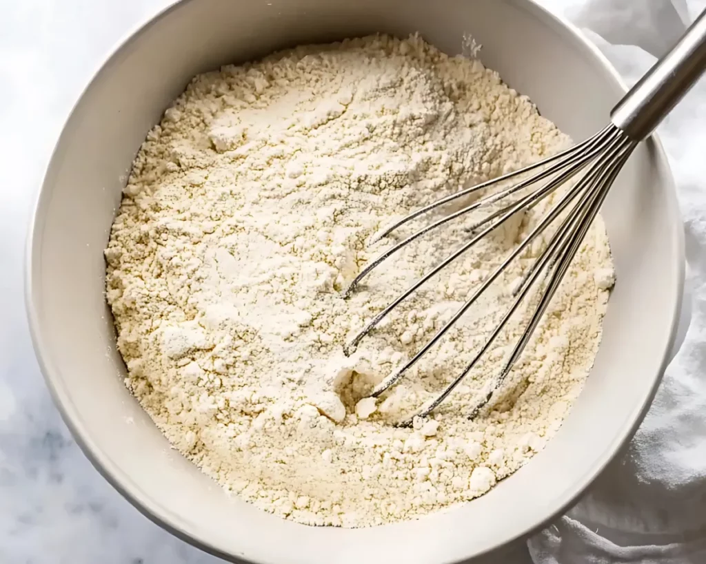Dry pancake mix in bowl with whisk