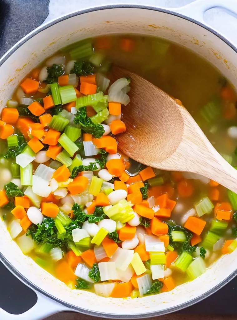 Early stage cooking with vegetables and kale in broth