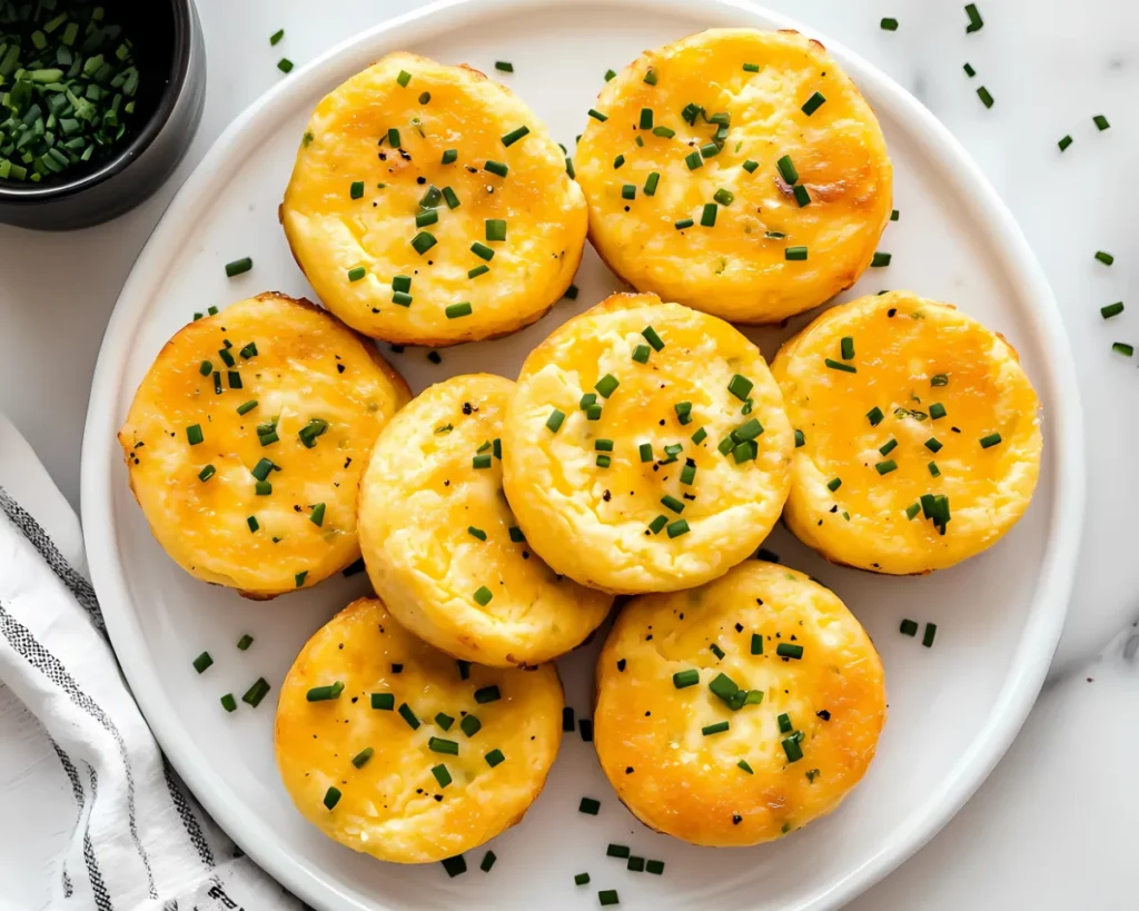 Egg bites on white plate sprinkled with chives