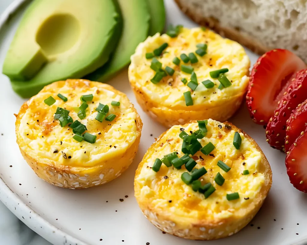 Egg bites topped with chives on a plate with avocado and sliced bread
