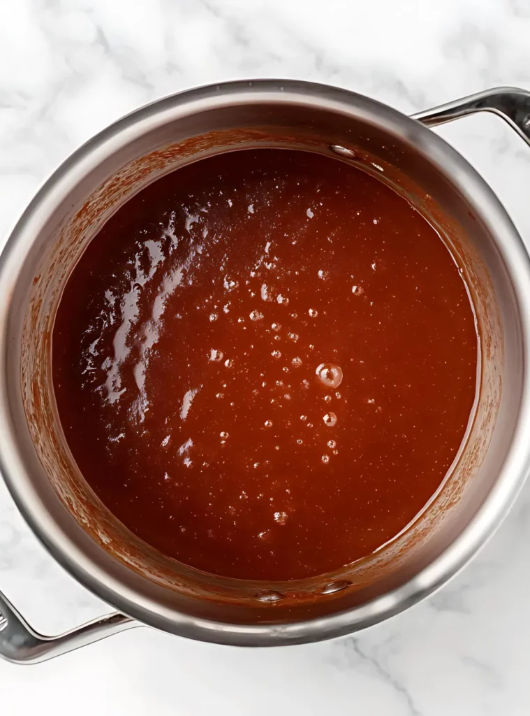Finished red enchilada sauce in a stainless steel pot