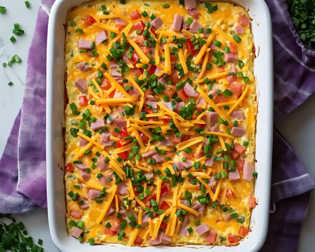Freshly bakeda Denver omelet casserole topped with cheddar and chives ready to serve