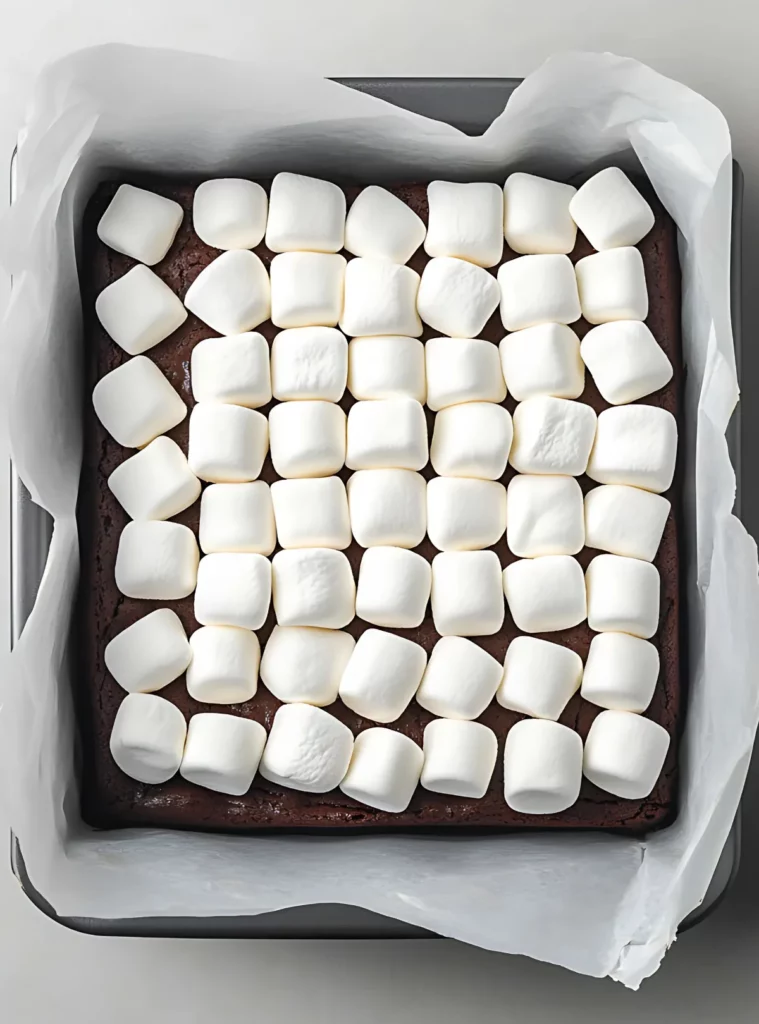 Freshly baked brownies covered with white marshmallows