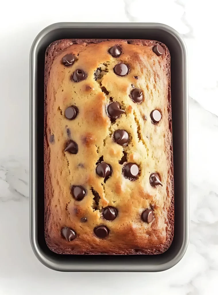 Freshly baked chocolate chip banana bread in a loaf pan on a marble counter