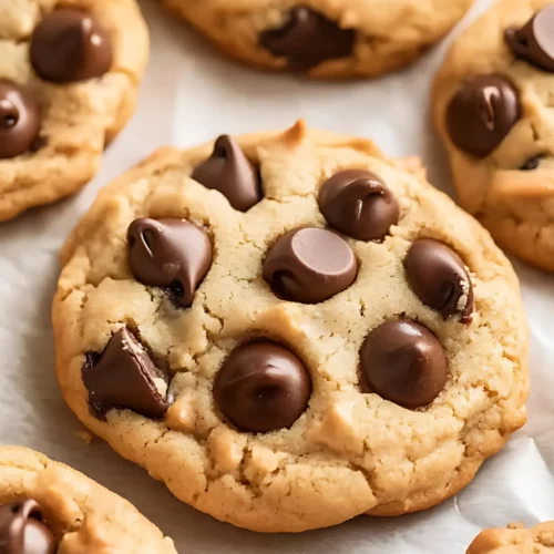 Freshly baked chocolate chip cookies with melty chips and golden edges