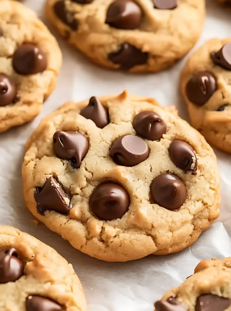 Freshly baked chocolate chip cookies with melty chips and golden edges