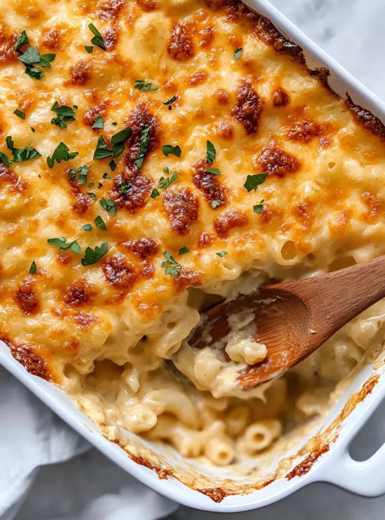 Freshly baked mac and cheese topped with parsley
