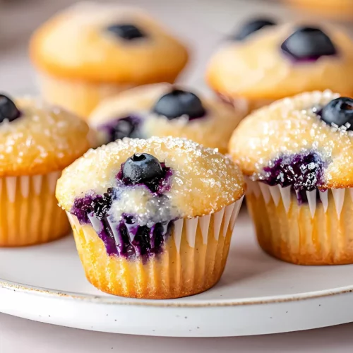 Freshly baked mini blueberry muffins with sugar on a white plate