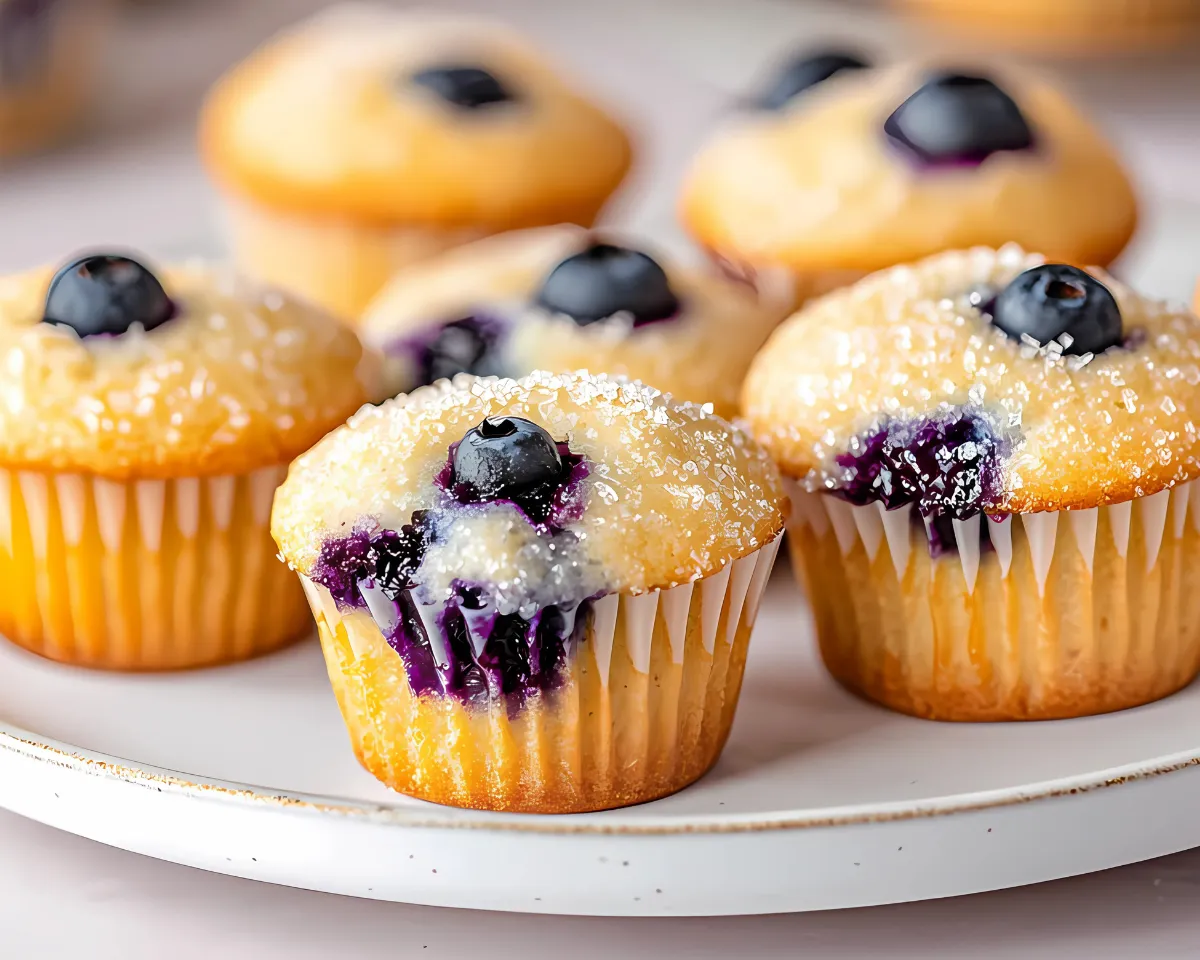 Freshly baked mini blueberry muffins with sugar on a white plate