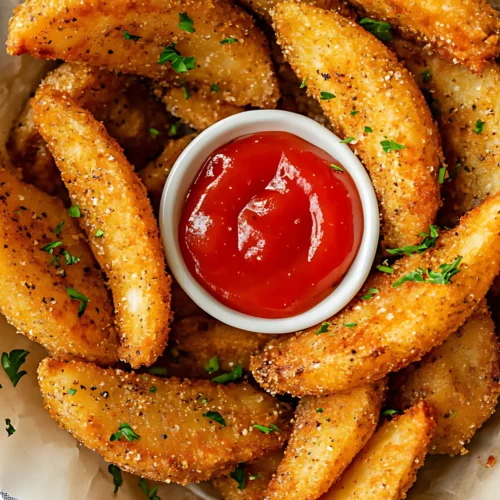 Fried potato wedges in a basket with ketchup