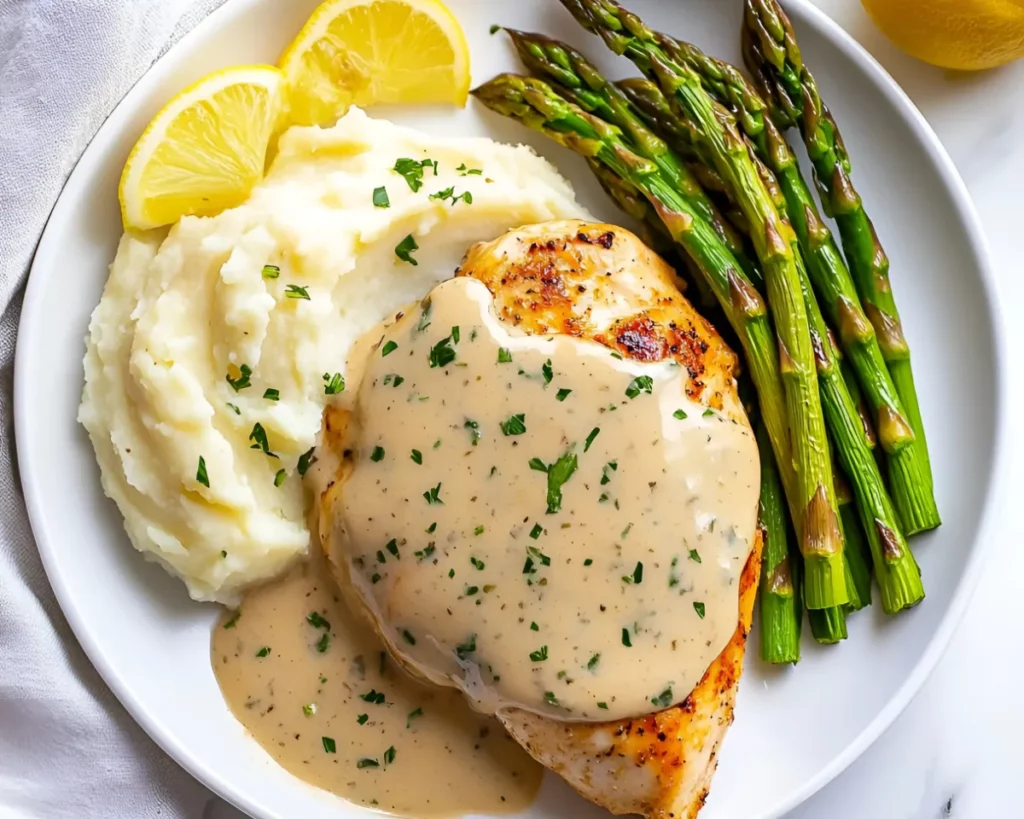 Garlic Parmesan chicken breast with sauce on white plate with mashed potatoes