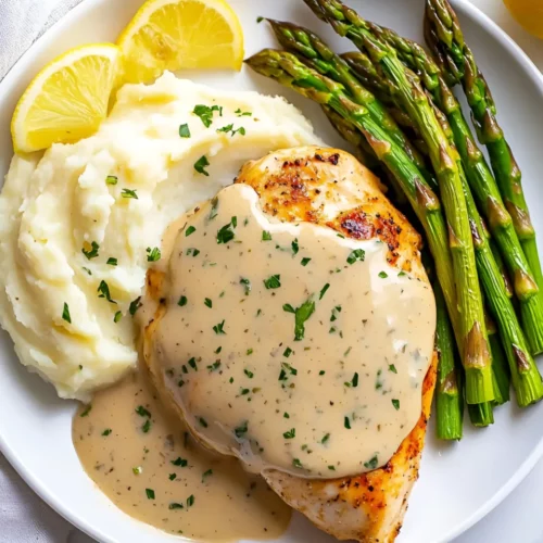 Garlic Parmesan chicken breast with sauce on white plate with mashed potatoes