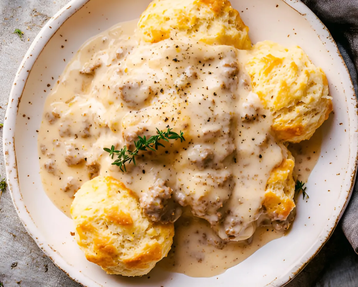 Golden biscuits covered in thick sausage gravy on a patterned plate