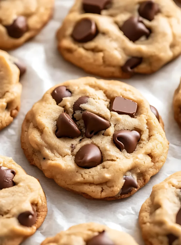 Golden brown chocolate chip cookies cooling on a baking sheet
