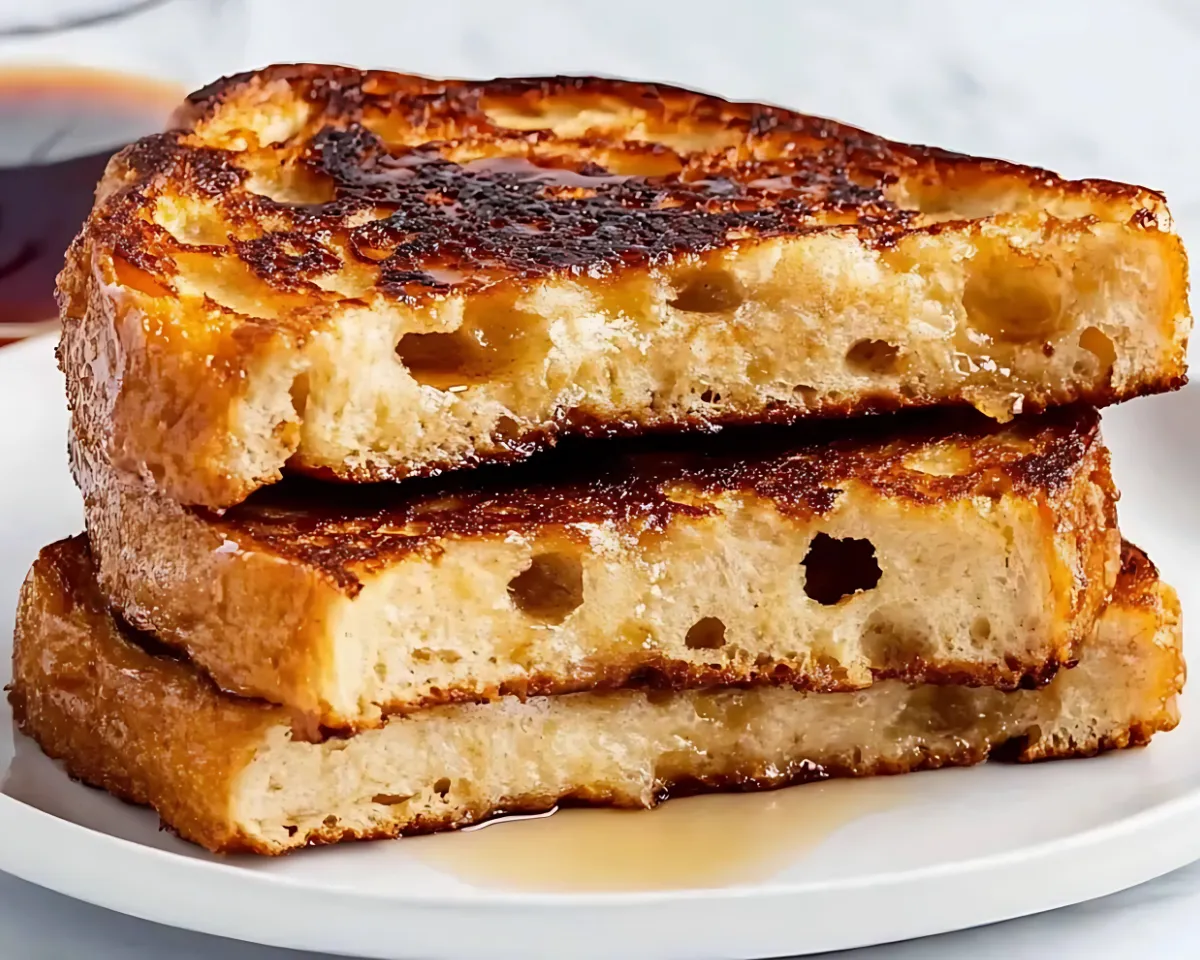 Golden sourdough French toast stacked