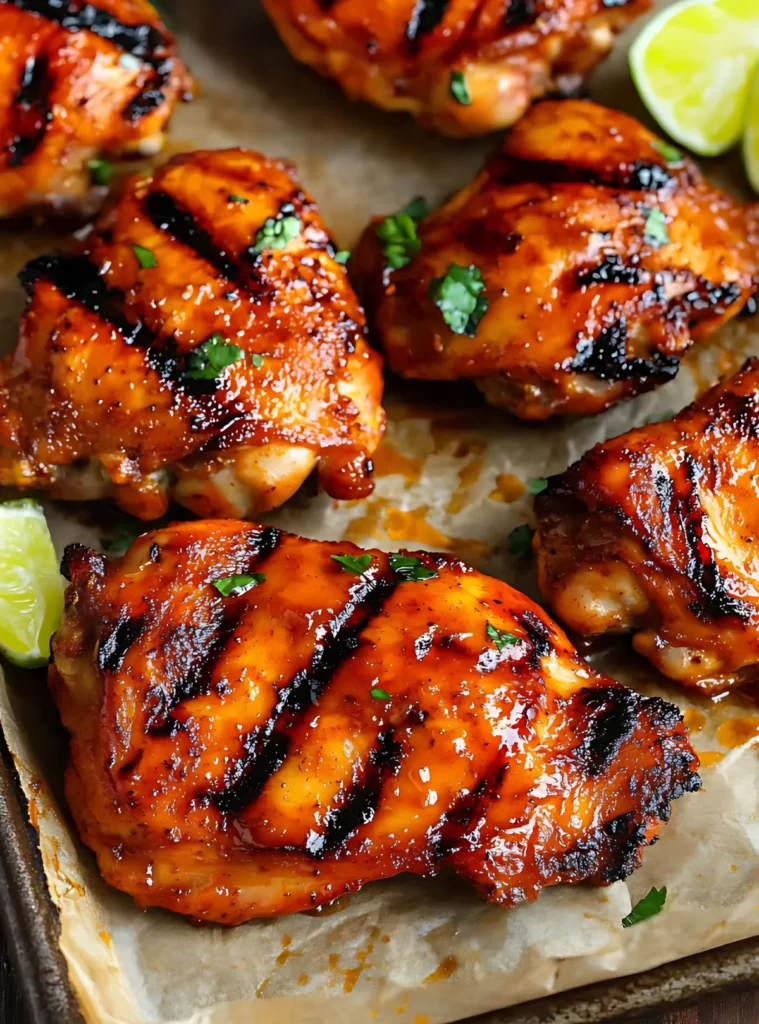 Grilled chicken thighs garnished with cilantro on parchment