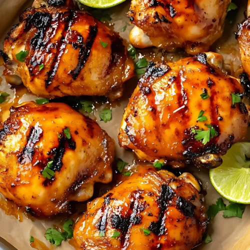 Grilled chicken thighs with cilantro and lime on baking sheet