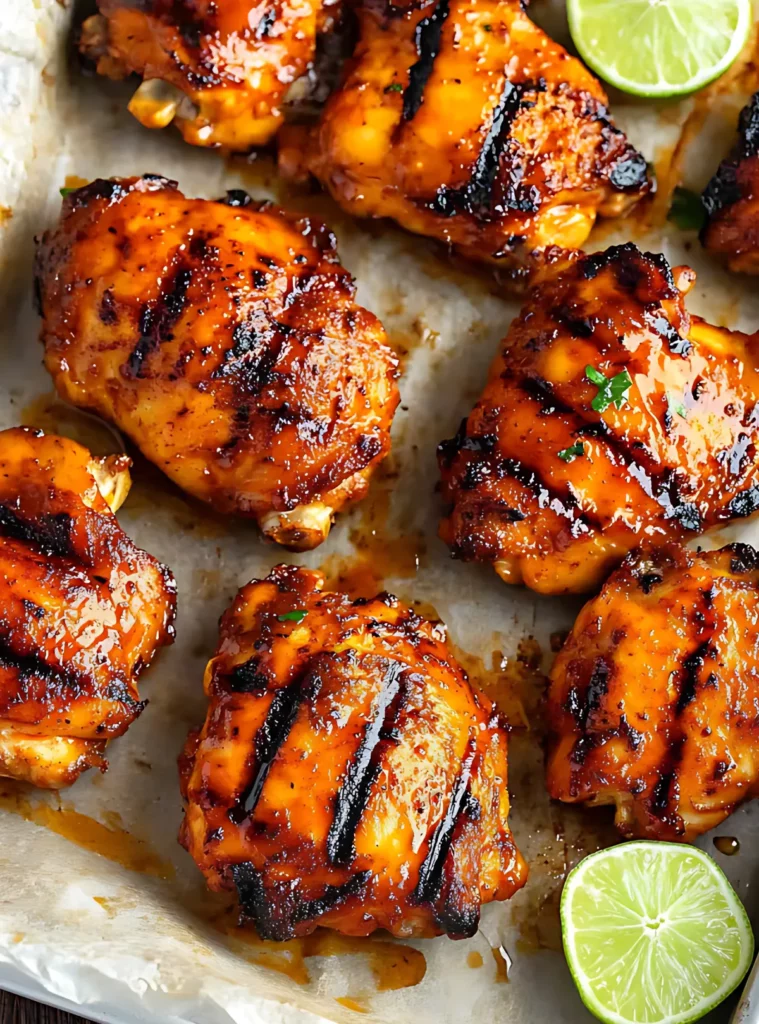 Grilled chicken thighs with grill marks and lime on parchment