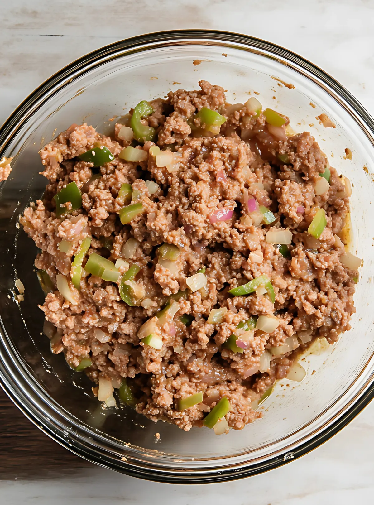 Ground beef and pork mixed with green bell peppers and onions in a glass bowl