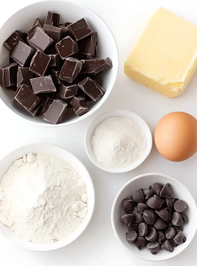 Ingredients for chocolate chip cookies in white bowls_ chunks, butter, sugars, flour, and chocolate chips