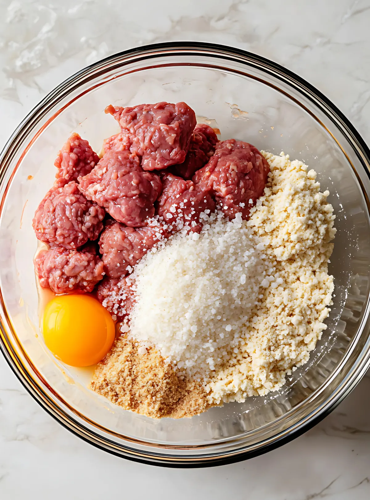 Ingredients for meatballs including ground meat breadcrumbs and egg in a glass bowl