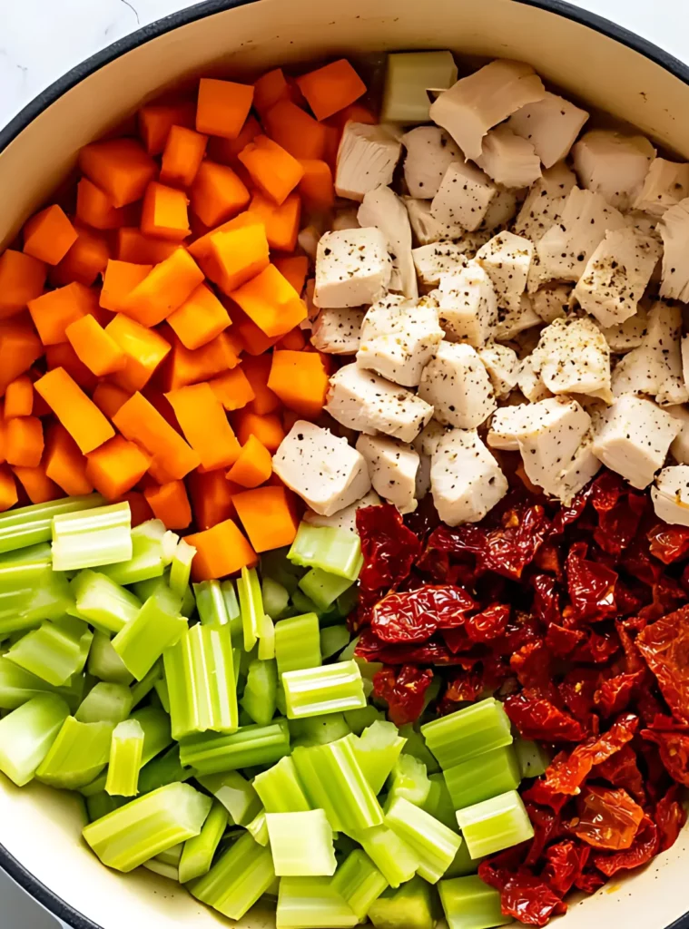 Ingredients in pot including chicken, carrots, celery, and sundried tomatoes ready for cooking