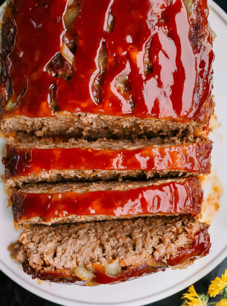 Meatloaf in dish with slice removed showing inside