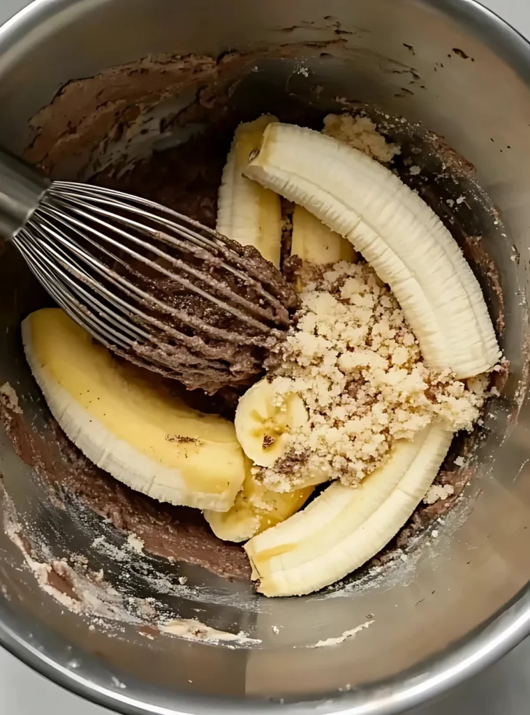 Mixing bowl with banana and dry ingredients for banana bread