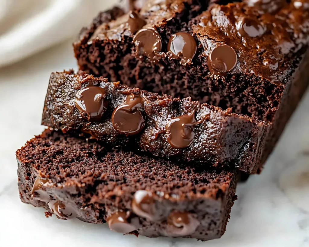 Moist double chocolate banana bread slices on white background