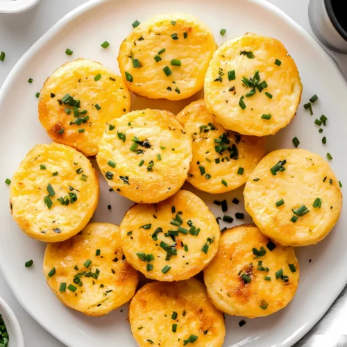 Overhead view of egg bites on a white plate with chives