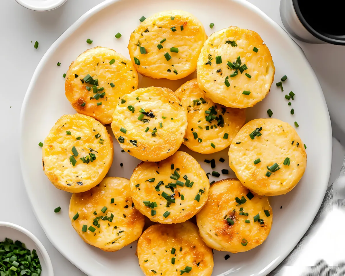 Overhead view of egg bites on a white plate with chives
