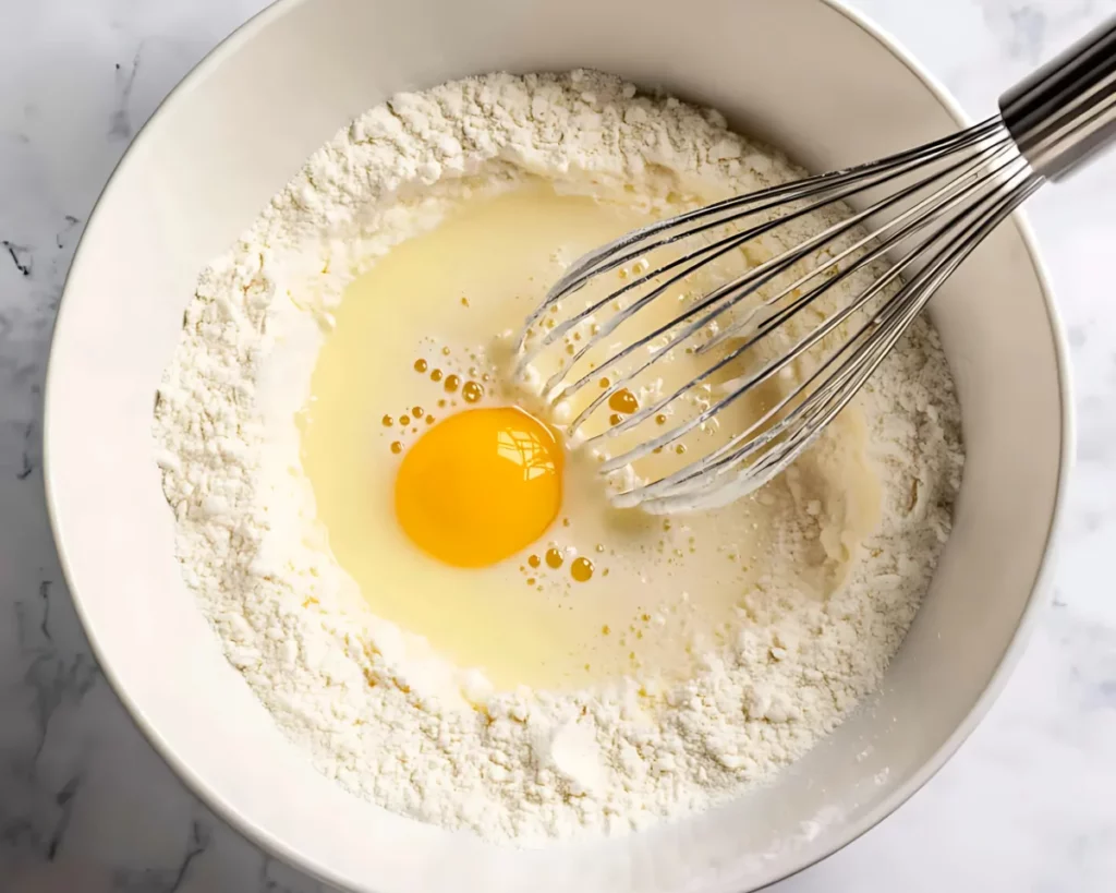 Pancake mix in bowl with egg and whisk