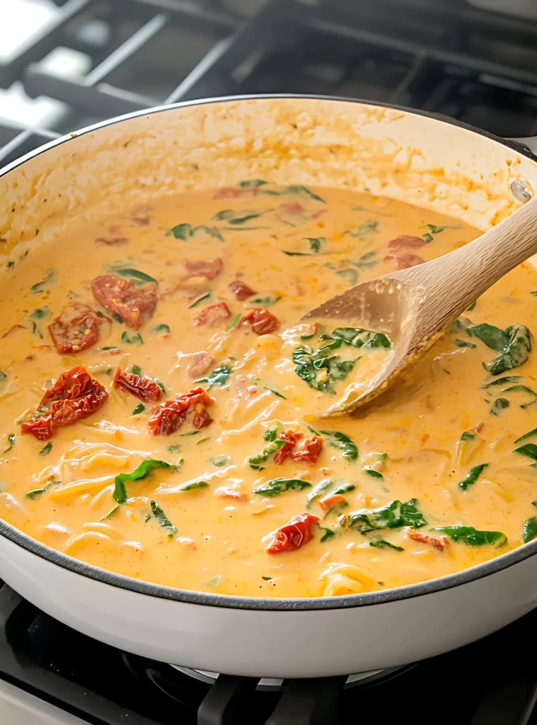 Pasta sauce with spinach and tomatoes in skillet