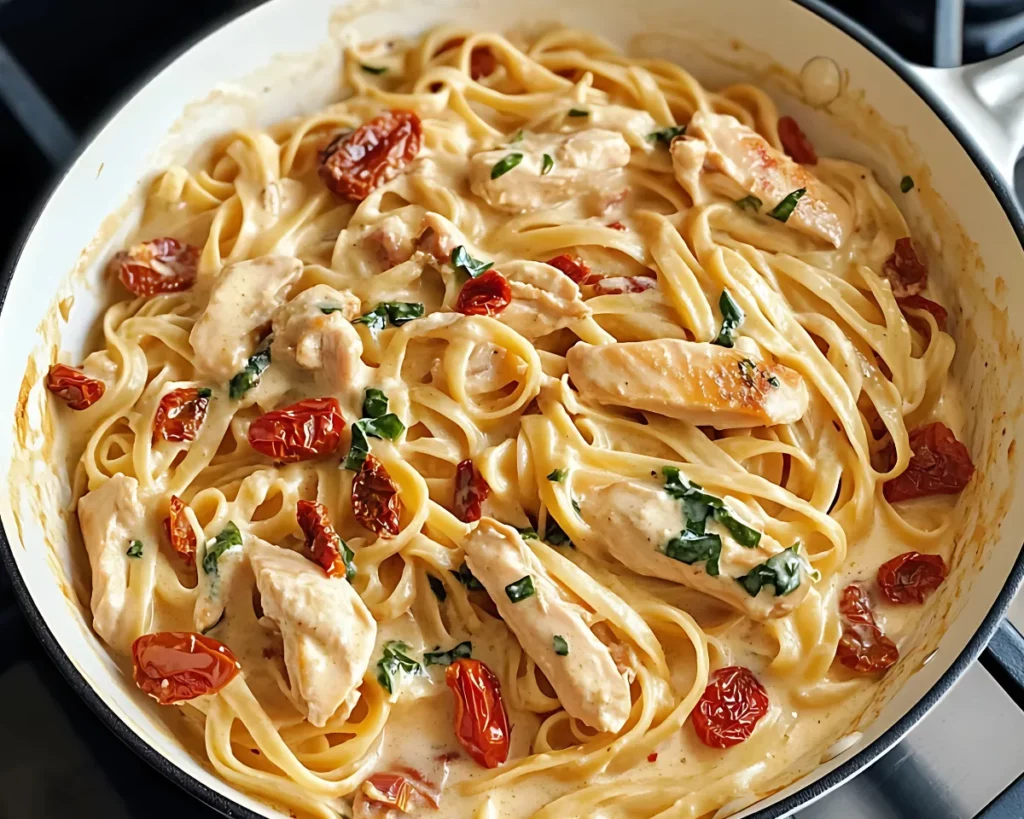 Pasta with creamy sauce and seared chicken strips topped with sun-dried tomatoes