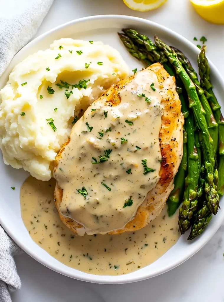 Plated garlic Parmesan chicken with mashed potatoes and asparagus