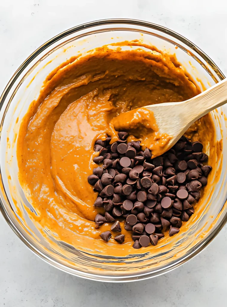 Pumpkin bread batter in glass bowl with chocolate chips