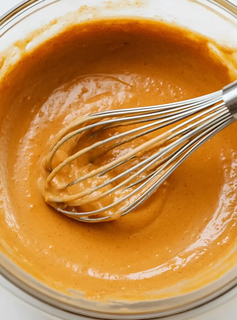 Pumpkin pie filling in glass bowl with whisk