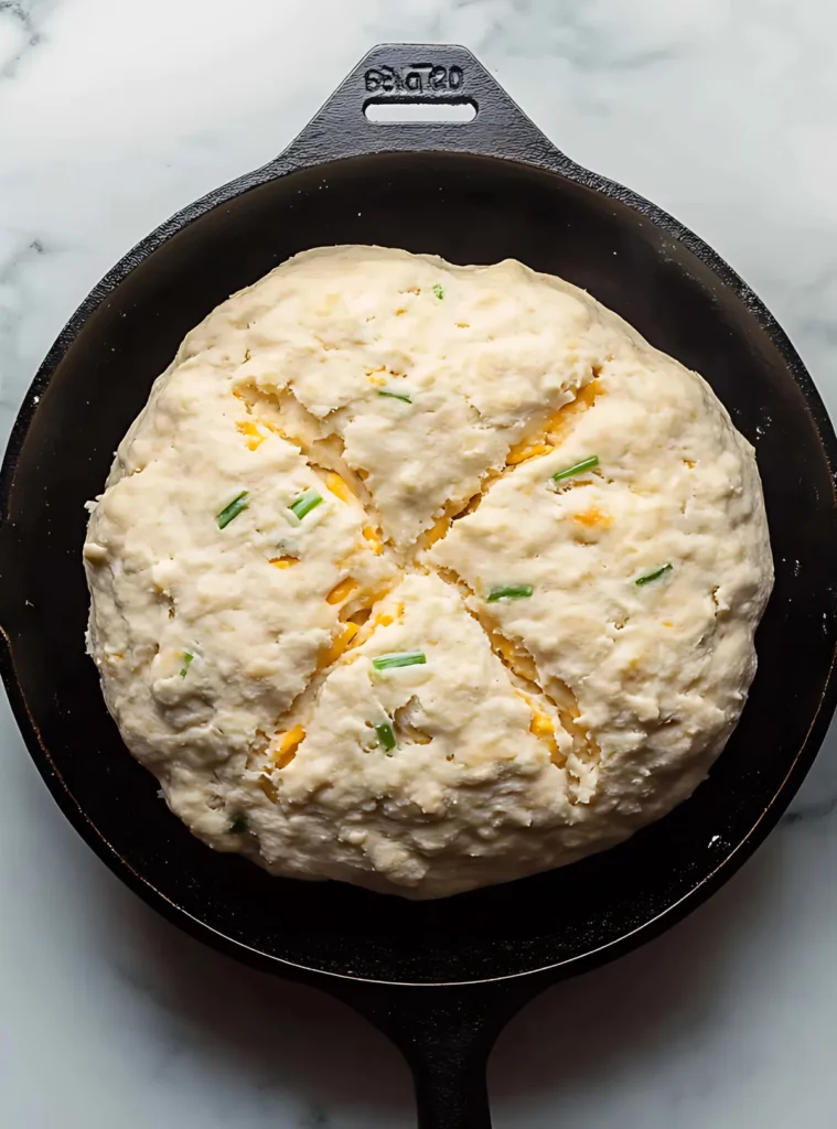 Raw Irish Cheddar Soda Bread dough in a black cast iron skillet