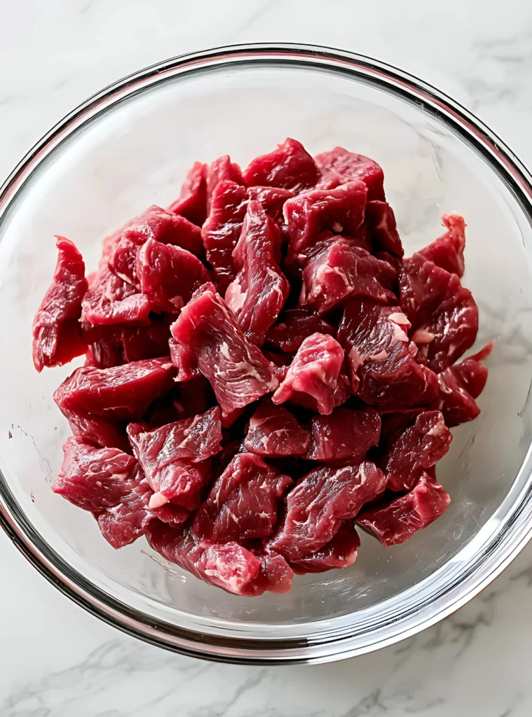 Raw beef pieces in a glass bowl