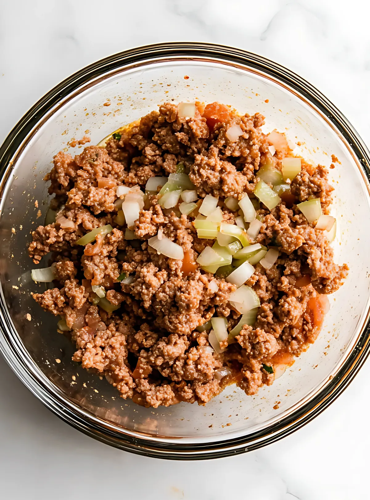 Raw meatball mixture with onions and bell peppers in a glass bowl