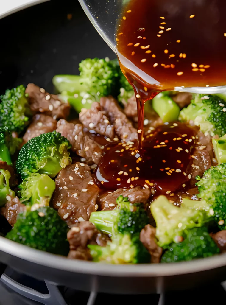 Sauce being poured over beef and broccoli