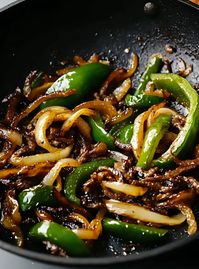 Sautéed onions and green peppers in a black skillet