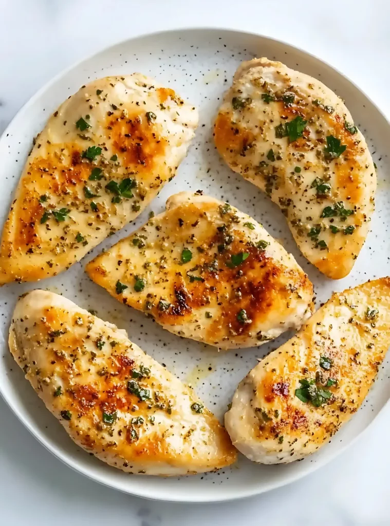 Seared chicken breasts on speckled plate with herbs